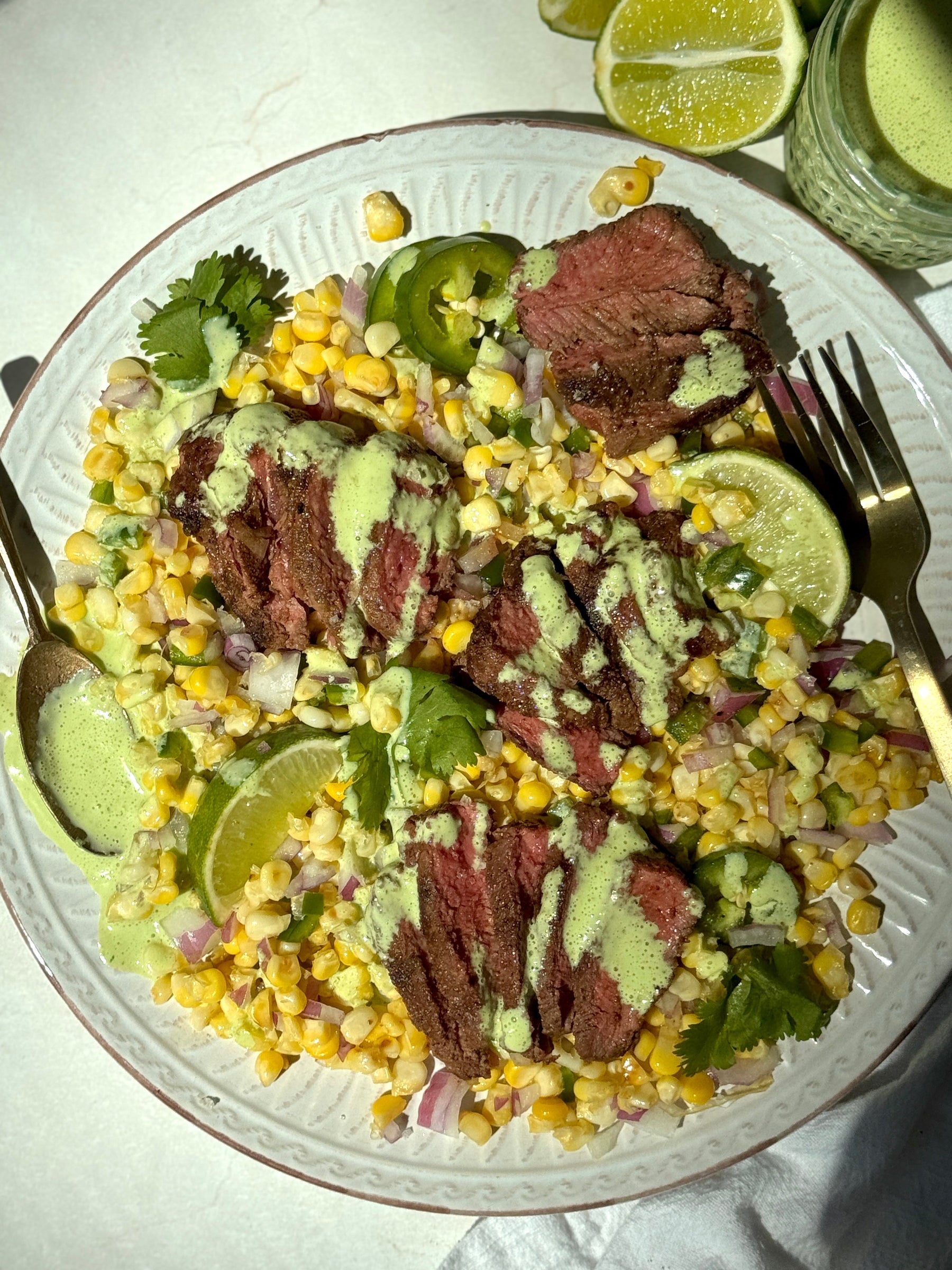 Flat Iron Steak with Corn Salsa and Cilantro Sauce