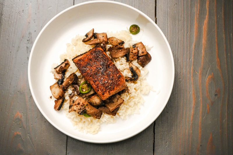 Salmon with Serrano-Mushroom Sauce over White Rice