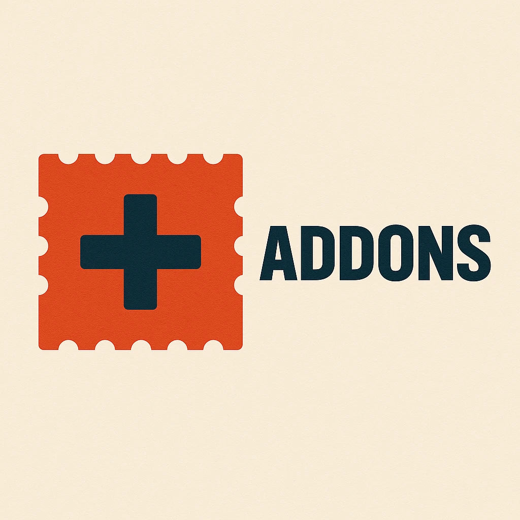 A red square with a white border and a dark blue plus sign is next to the word ADDONS in bold, dark blue letters on a light beige background.