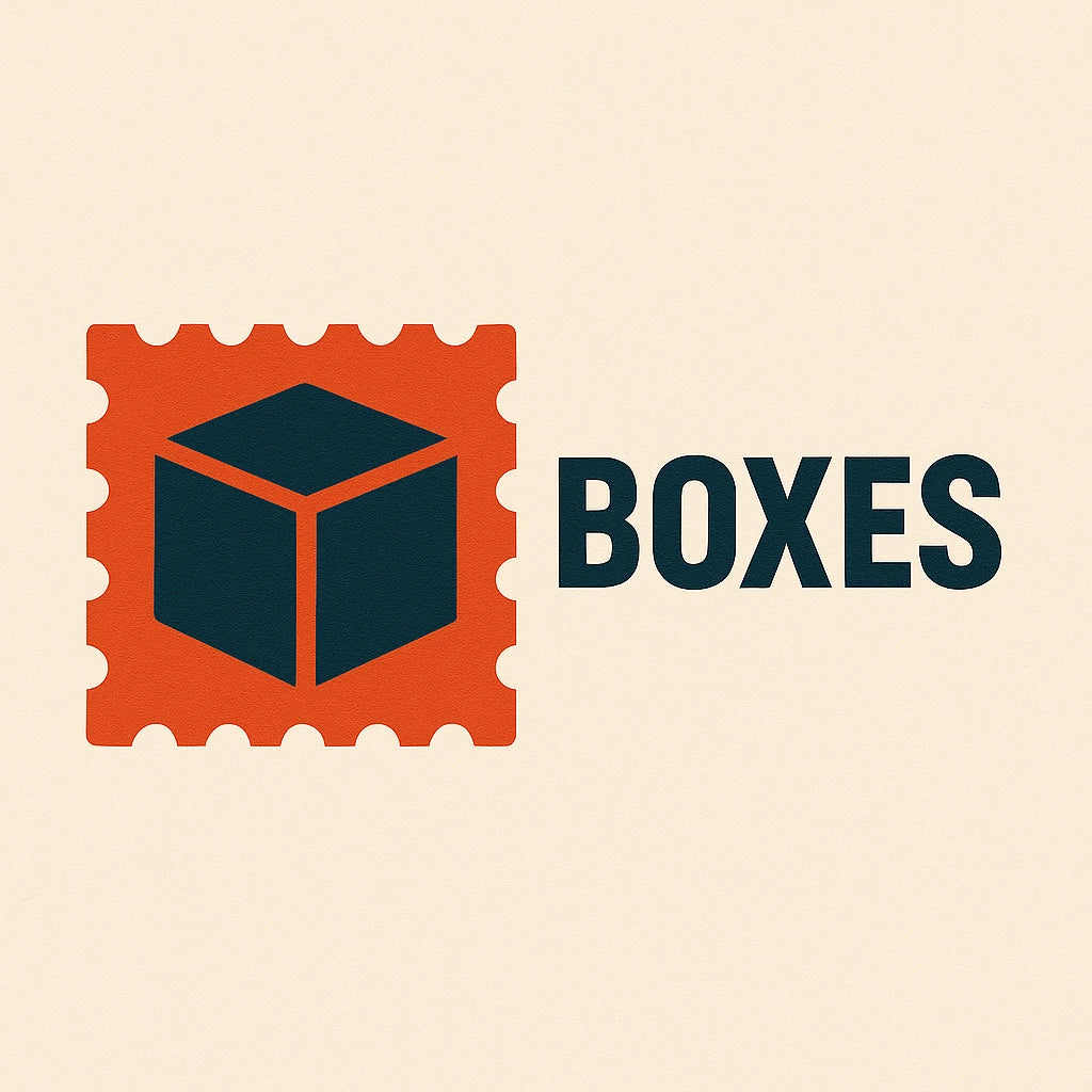 A stylized cube inside an orange, stamp-like border next to the word BOXES in bold black letters on a beige background.