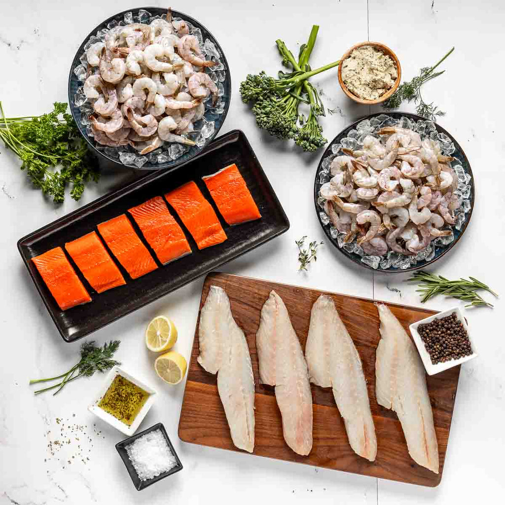 The Wild-Caught Seafood Box brings you raw wild American salmon filets, wild-caught rock fish, and peeled and deveined wild-caught gulf shrimp. Delivered  to your door and always seed oil free.