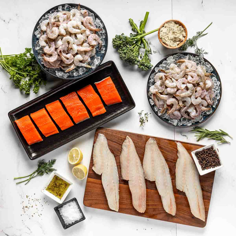 The Wild-Caught Seafood Box brings you raw wild American salmon filets, wild-caught rock fish, and peeled and deveined wild-caught gulf shrimp. Delivered  to your door and always seed oil free.