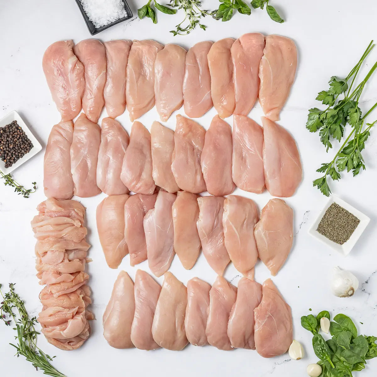 Better than Organic Chicken breasts and slices are neatly arranged on a white surface with herbs, garlic, black pepper, and salt—no antibiotics ever or added hormones—perfect for meal prep.