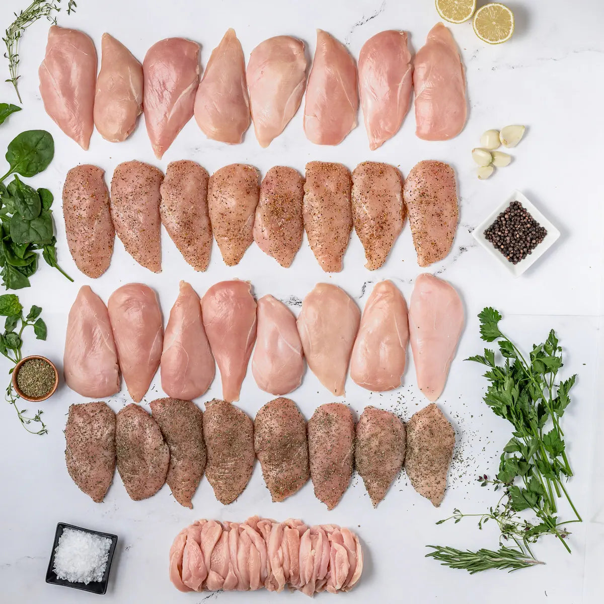 An overhead view of rows of Better than Organic Chicken breasts, raw and seasoned, with herbs, lemon halves, garlic, spinach, salt, and pepper—featuring 100% American chicken with no antibiotics ever.