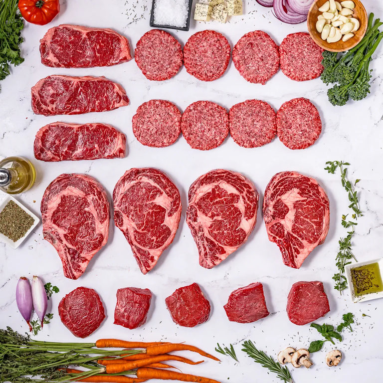 The Cowboy: America's best ribeyes, NY Strips, 100% American wagyu burger patties, and more—delivered directly to your door.
