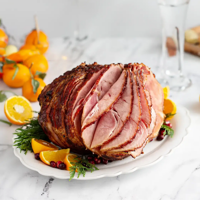 The Spiral-Cut Heritage Ham, glazed and garnished with orange slices, pomegranate seeds, and fresh greenery, is presented on a white platter atop a marble table. Glassware and whole tangerines decorate the background.