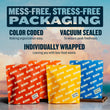 Three color-coded, vacuum-sealed, individually wrapped Better than Organic Chicken packages (red, yellow, blue) are shown with text highlighting mess-free and stress-free packaging benefits on a sky background.