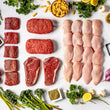 The Ranchers Classic box features raw cuts of 100% American steak, ground beef, and antibiotic-free chicken breasts. All meats can be delivered right to your door.