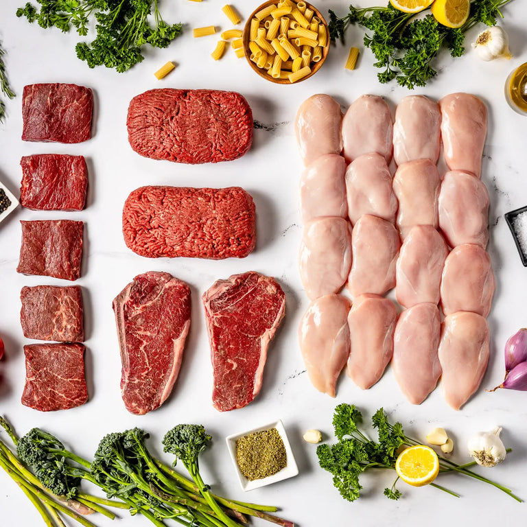 The Ranchers Classic box features raw cuts of 100% American steak, ground beef, and antibiotic-free chicken breasts. All meats can be delivered right to your door.