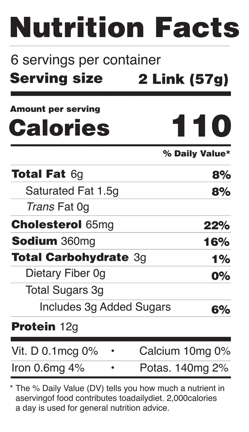 Smoked Chicken Maple Breakfast Sausage Links nutrition facts
