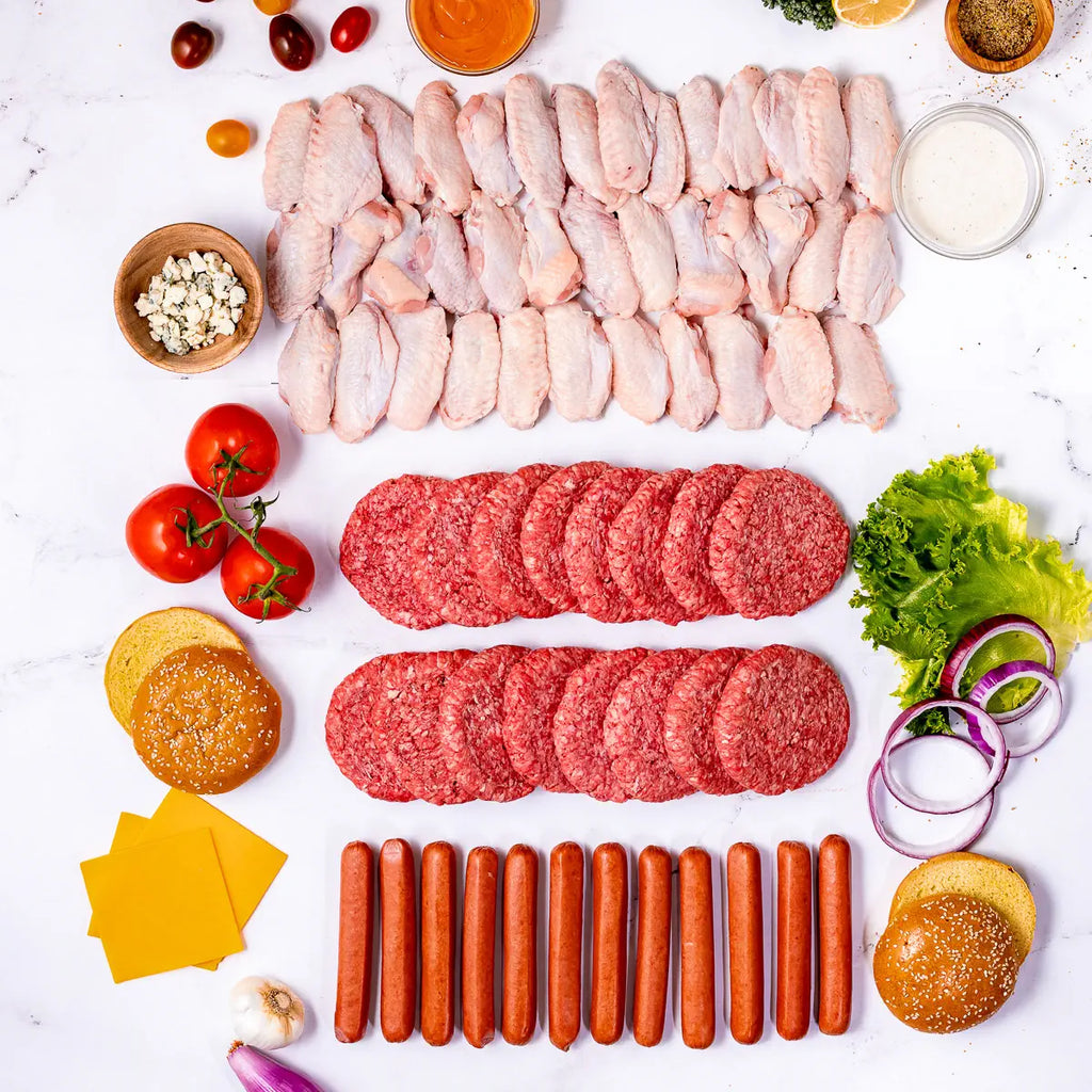 The Tailgate Box includes Free Range chicken wings, wagyu burger patties, and beef hot dogs. All your tailgate essentials—delivered right to your door.