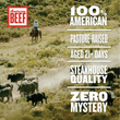 A cowboy on horseback herds black cattle in a grassy field, with bold text promoting The Essentials Box: 100% American, pasture-raised beef, aged 21+ days, steakhouse quality, and zero mystery.