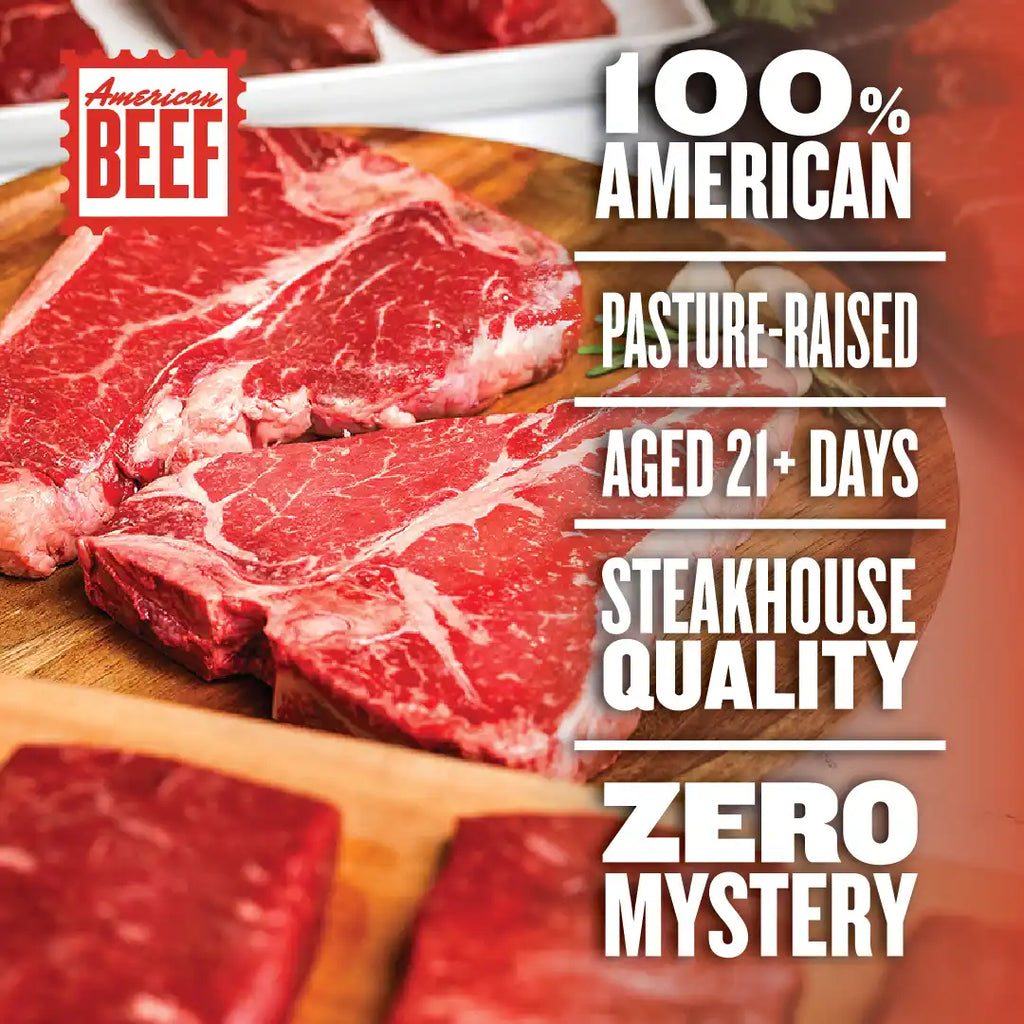 Two raw t-bone steaks surrounded by NY strips and Top Sirloins with text stating that Good Ranchers beef is 100% American, pasture-raised, aged 21 days or more, and USDA graded for steakhouse quality.