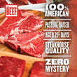 Two raw t-bone steaks surrounded by NY strips and Top Sirloins with text stating that Good Ranchers beef is 100% American, pasture-raised, aged 21 days or more, and USDA graded for steakhouse quality.