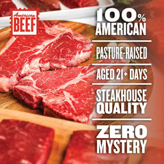Two raw t-bone steaks surrounded by NY strips and Top Sirloins with text stating that Good Ranchers beef is 100% American, pasture-raised, aged 21 days or more, and USDA graded for steakhouse quality.