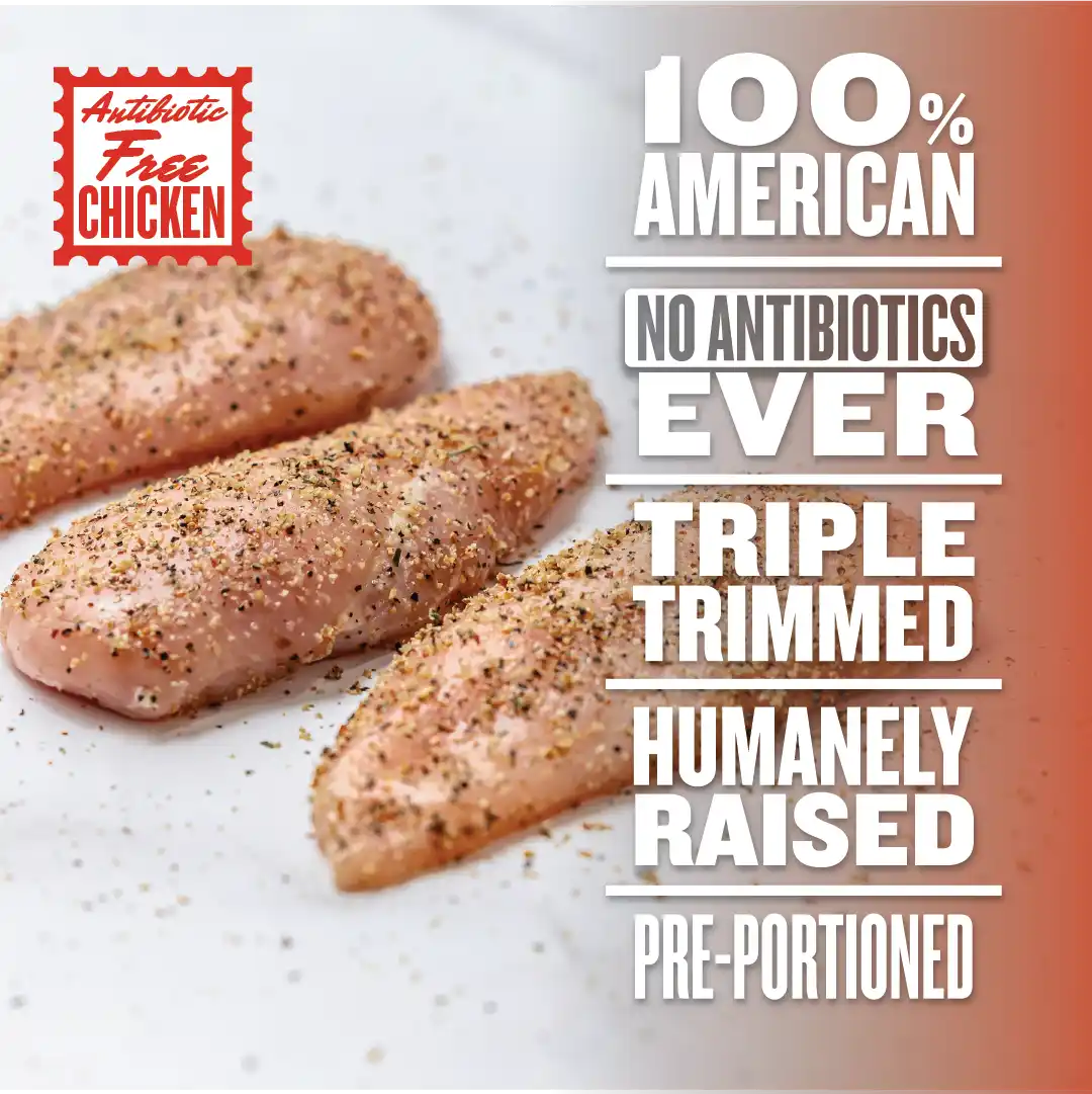 Three raw, seasoned chicken breasts on parchment paper next to text: The Essentials Box features pre-portioned, triple-trimmed chicken thats antibiotic free, from 100% American farms, humanely raised, and never given antibiotics.
