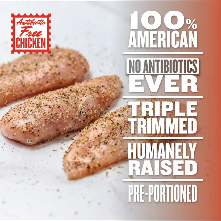 Three raw, seasoned chicken breasts on parchment paper next to text: The Essentials Box features pre-portioned, triple-trimmed chicken thats antibiotic free, from 100% American farms, humanely raised, and never given antibiotics.