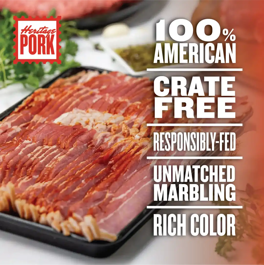 Sliced applewood smoked bacon made from heritage pork next to text saying 100% American, crate-free, responsibly-fed, unmatched marbling, and rich color.