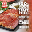 Sliced applewood smoked bacon made from heritage pork next to text saying 100% American, crate-free, responsibly-fed, unmatched marbling, and rich color.