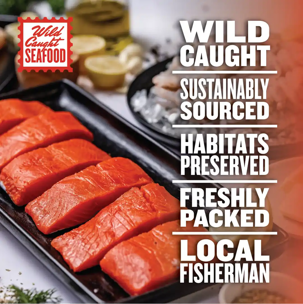Six Wild Caught Salmon filets next to text stating that the wild-caught seafood box is sustainably sourced, freshly packed, and never harms habitats by working with local fisherman.