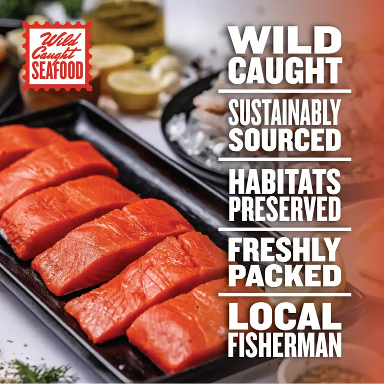 Six Wild Caught Salmon filets next to text stating that the wild-caught seafood box is sustainably sourced, freshly packed, and never harms habitats by working with local fisherman.
